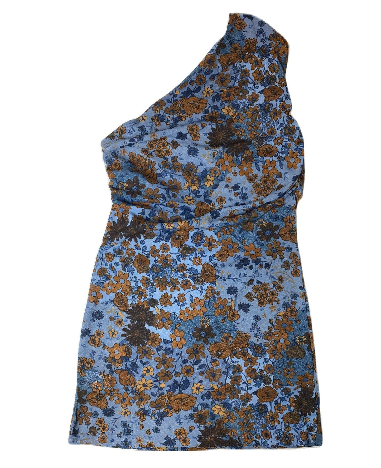 Jacob Women's Blue and Brown Floral Asymmetrical One-Shoulder Top - M