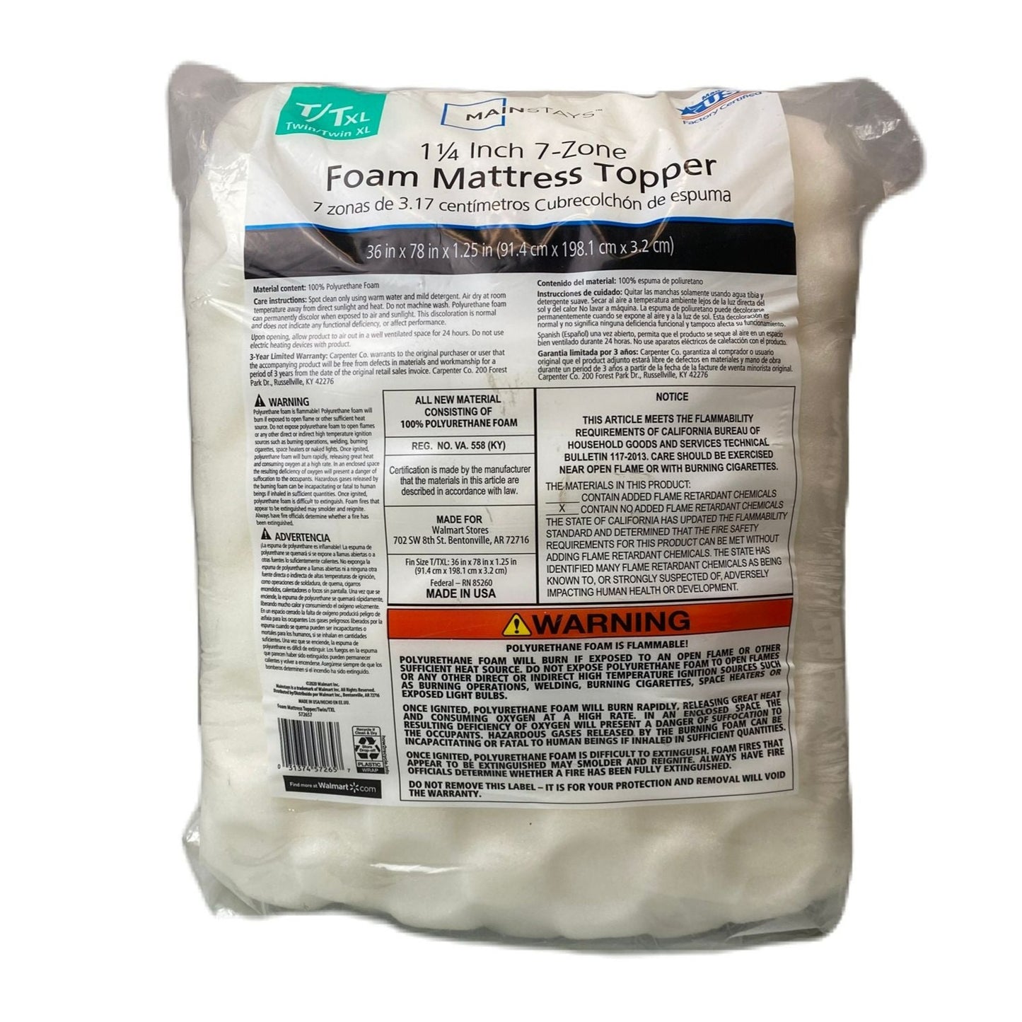 Mainstays 1.25" 7-Zone Foam Mattress Topper - Twin/Twin-XL