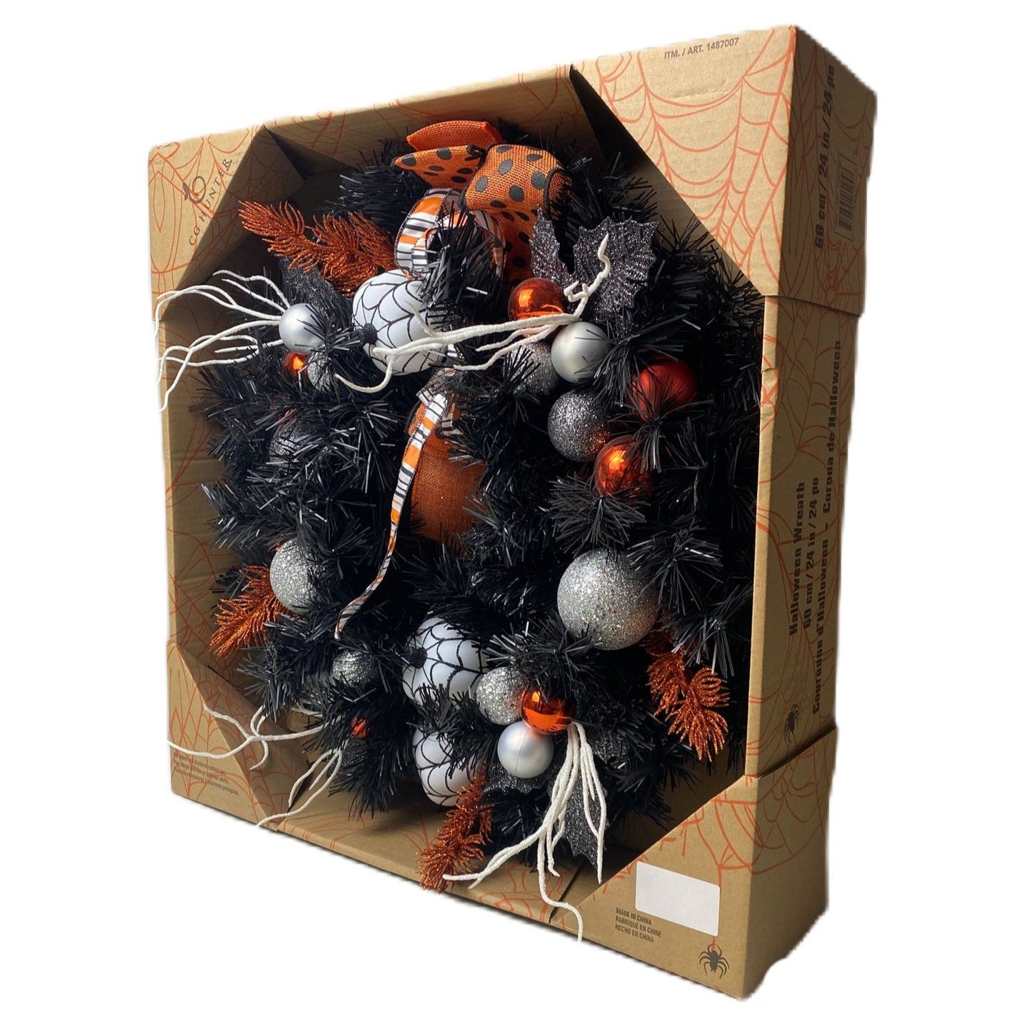 22-Inch Halloween Wreath with Black Leaves and White Pumpkins