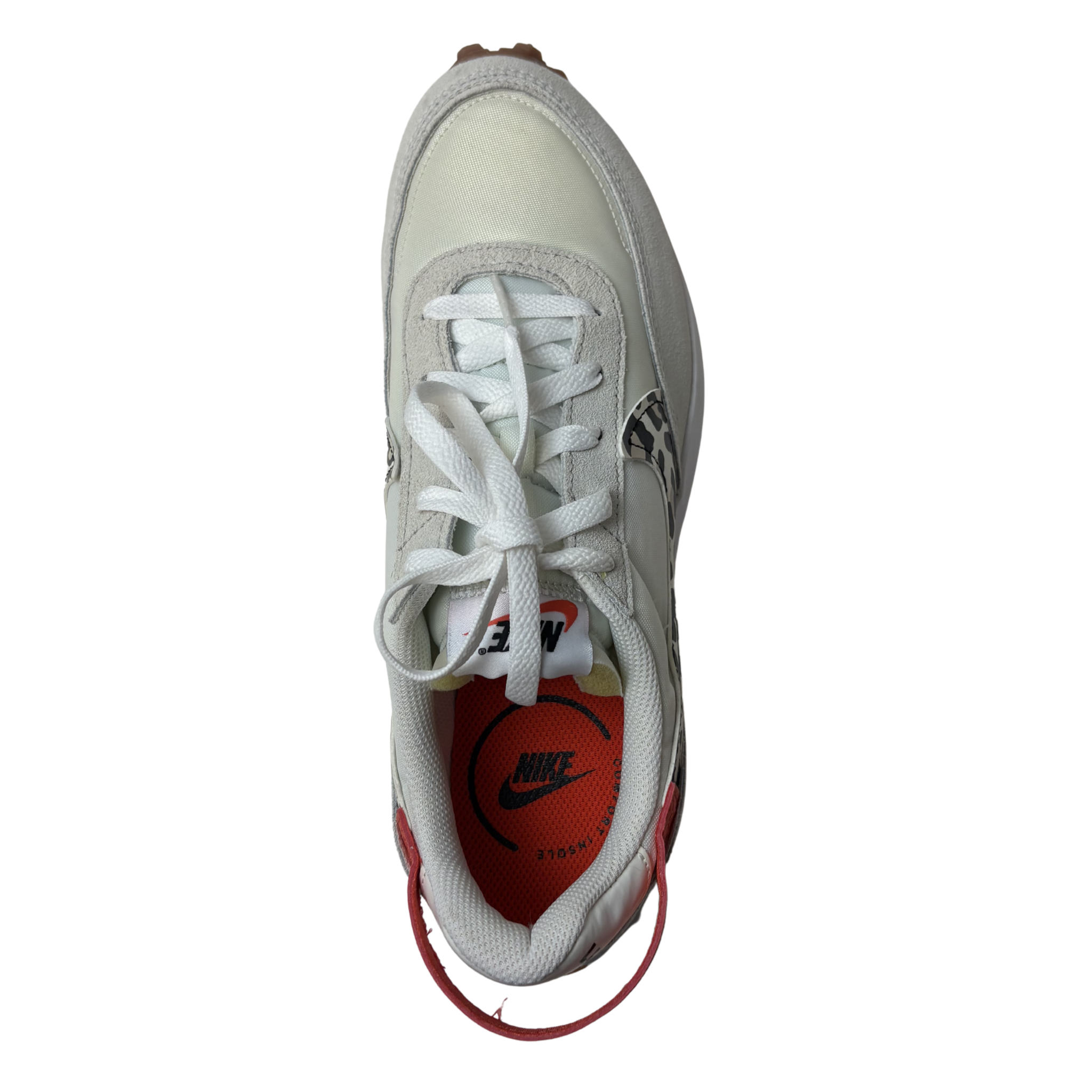 Women’s Waffle Debut White/Sail Sneakers with Orange & Animal Print – Size 9