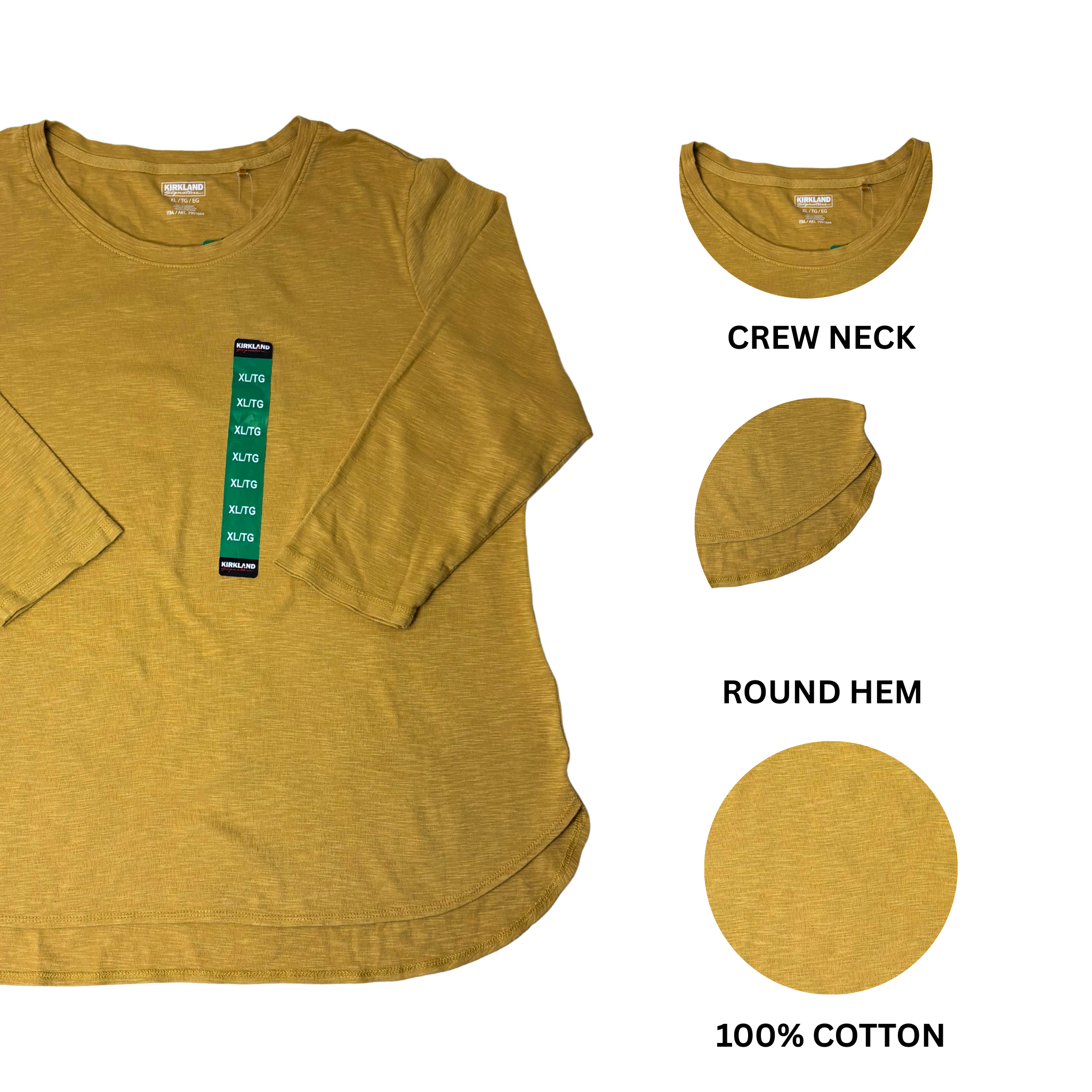 Women’s Yellow 3/4 Sleeve Cotton Slub T-Shirt – Size XL