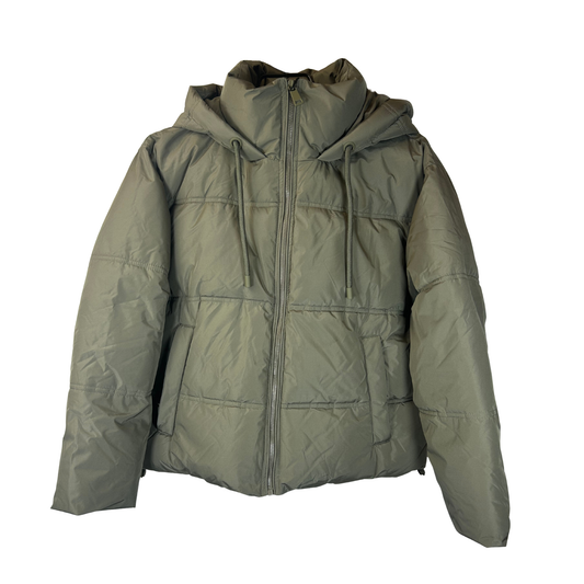 Women’s Short Water-Repellent Windproof Puffy Jacket with Hood – Size S – Dark Olive Green