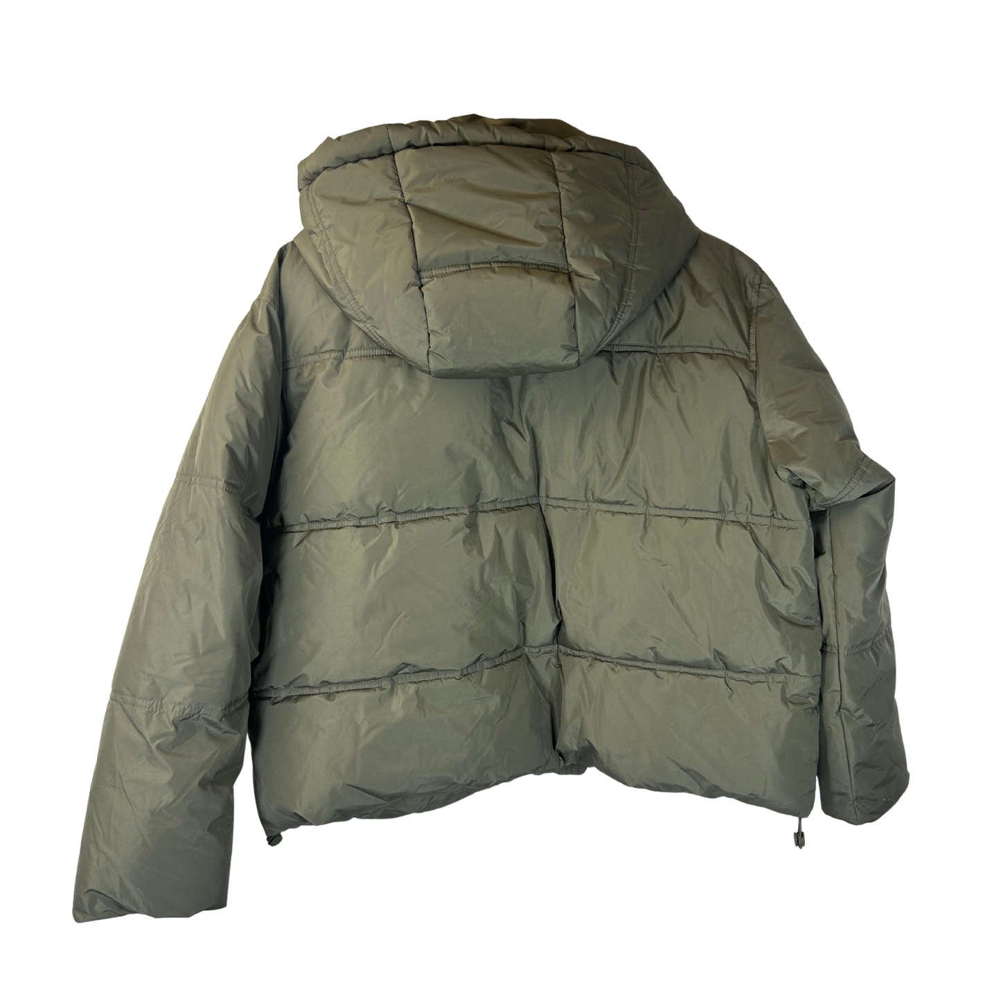 Women’s Short Water-Repellent Windproof Puffy Jacket with Hood – Size S – Dark Olive Green