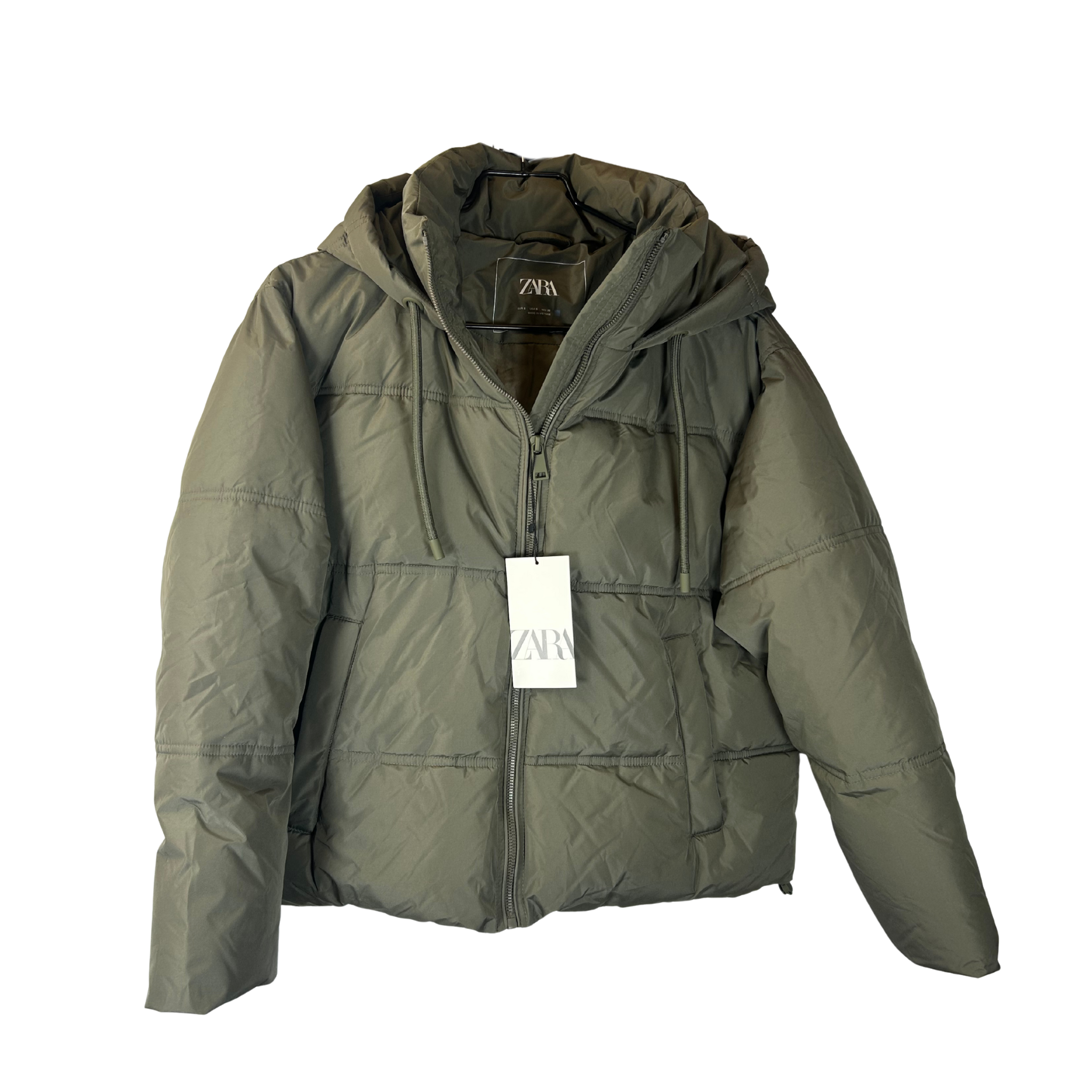 Women’s Short Water-Repellent Windproof Puffy Jacket with Hood – Size S – Dark Olive Green