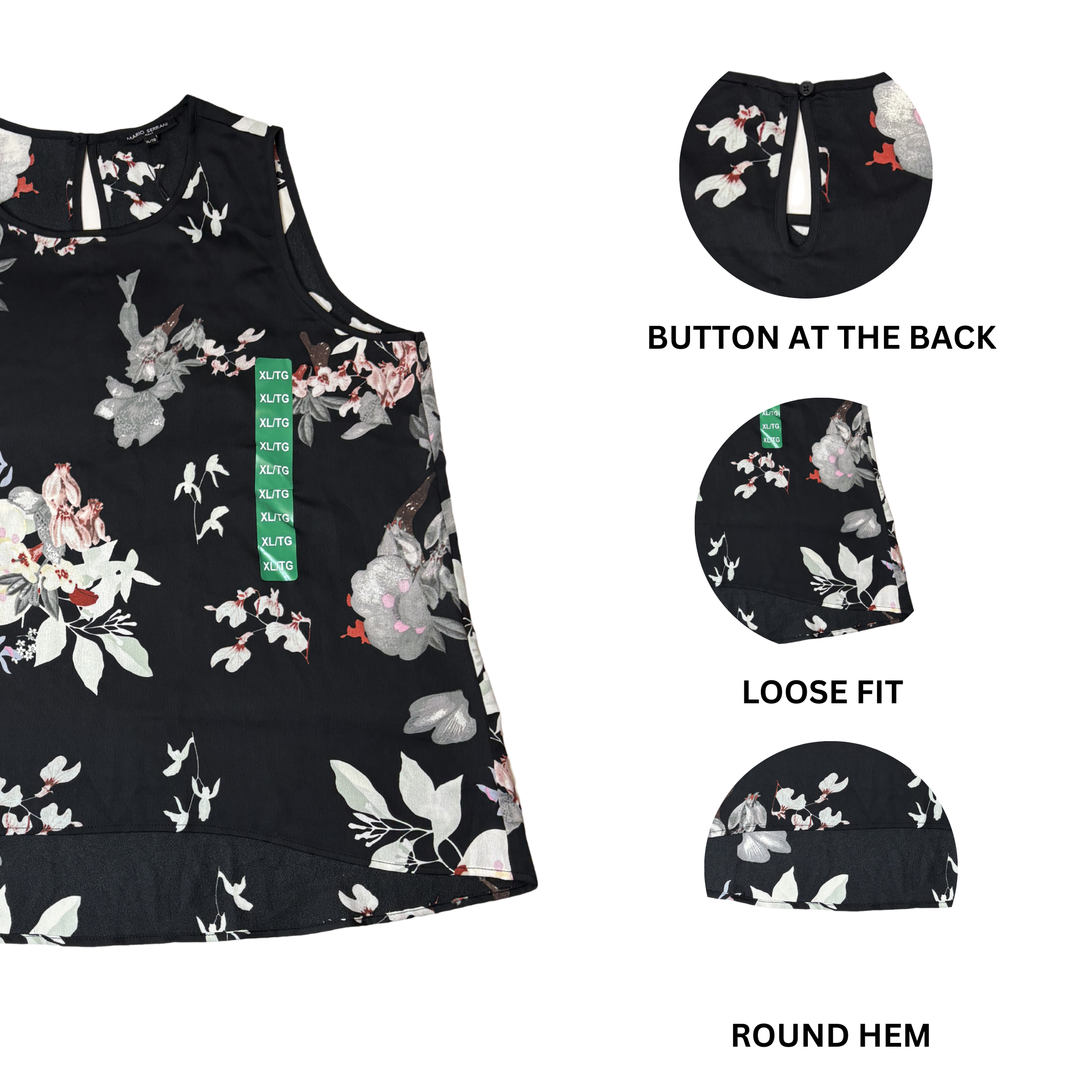 Women’s Black Floral Sleeveless Blouse – Size XL