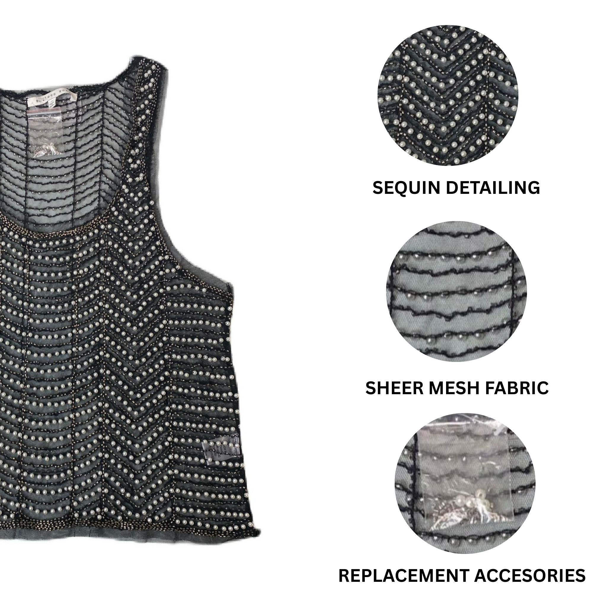 Women's Black Mesh Sequin Top – Size Medium, Sheer Party Blouse