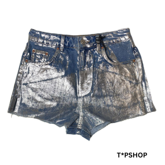 Women's Blue Silver Foil Mom Shorts - 4