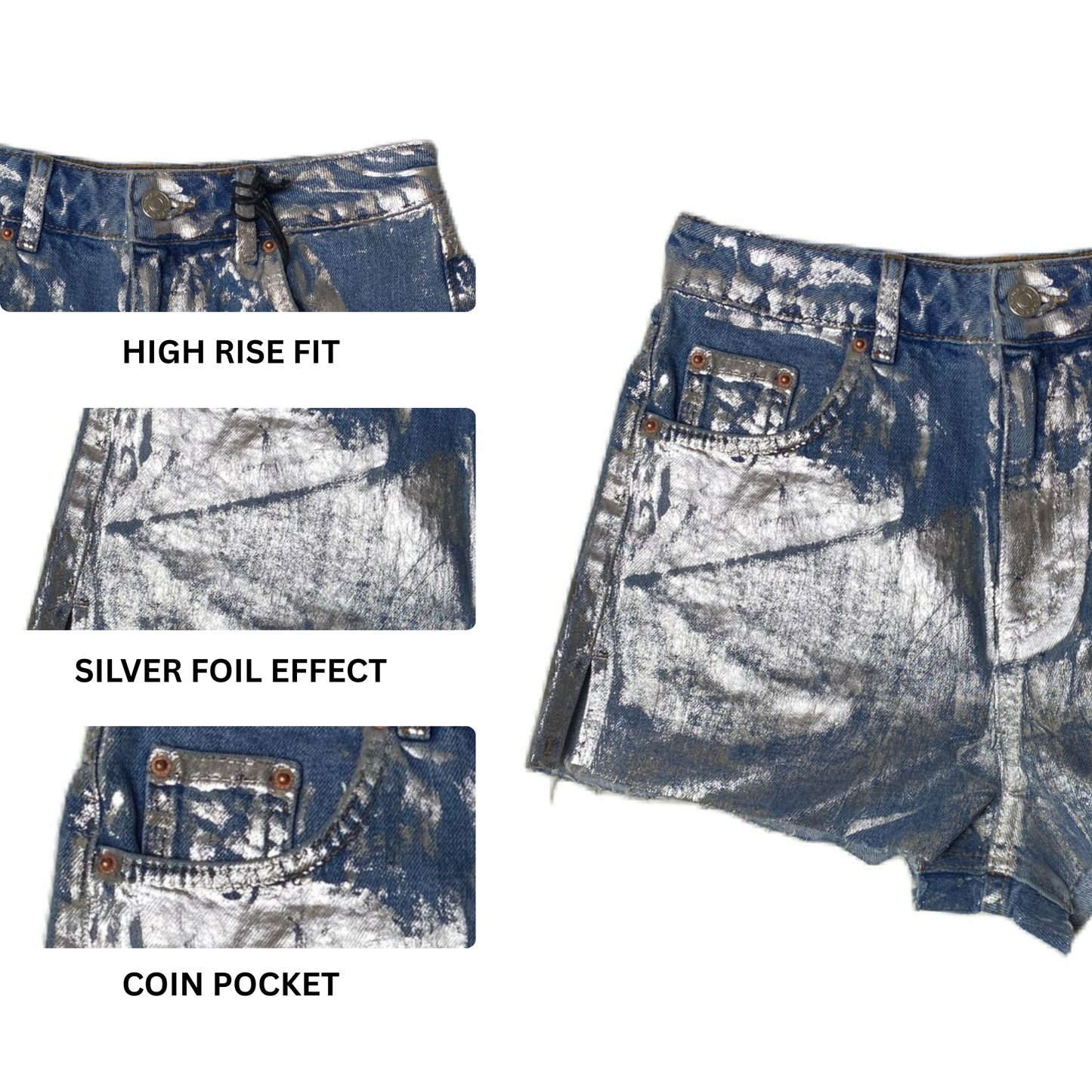 Women's Blue Silver Foil Mom Shorts - 4