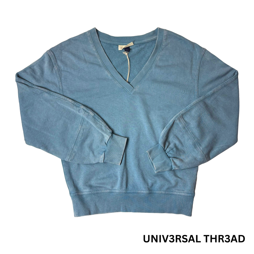 Women's Blue Wash V-Neck Puff Sleeve Sweatshirt - XS