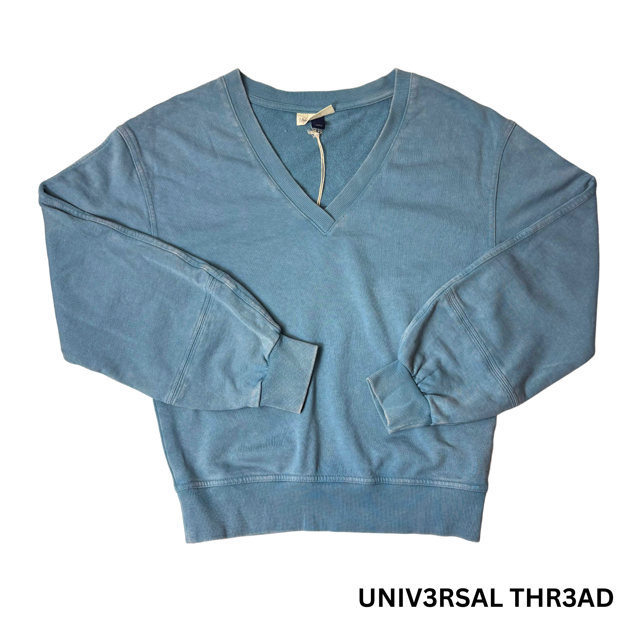 Women's Blue Wash V-Neck Puff Sleeve Sweatshirt - XS