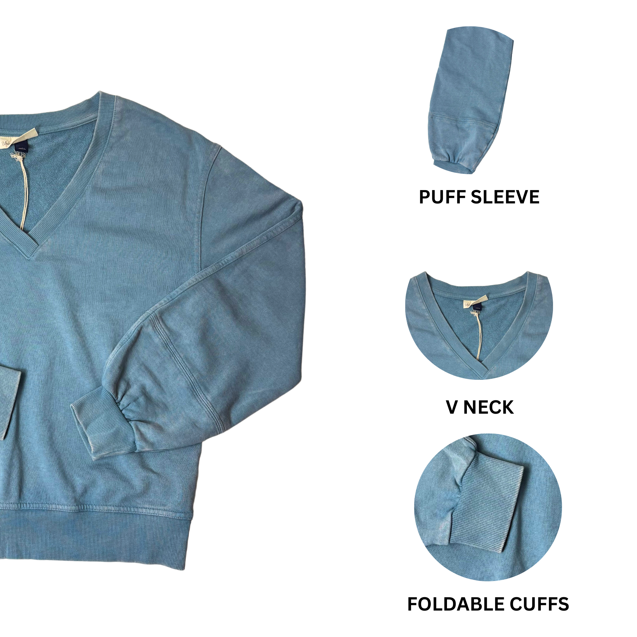 Women's Blue Wash V-Neck Puff Sleeve Sweatshirt - XS