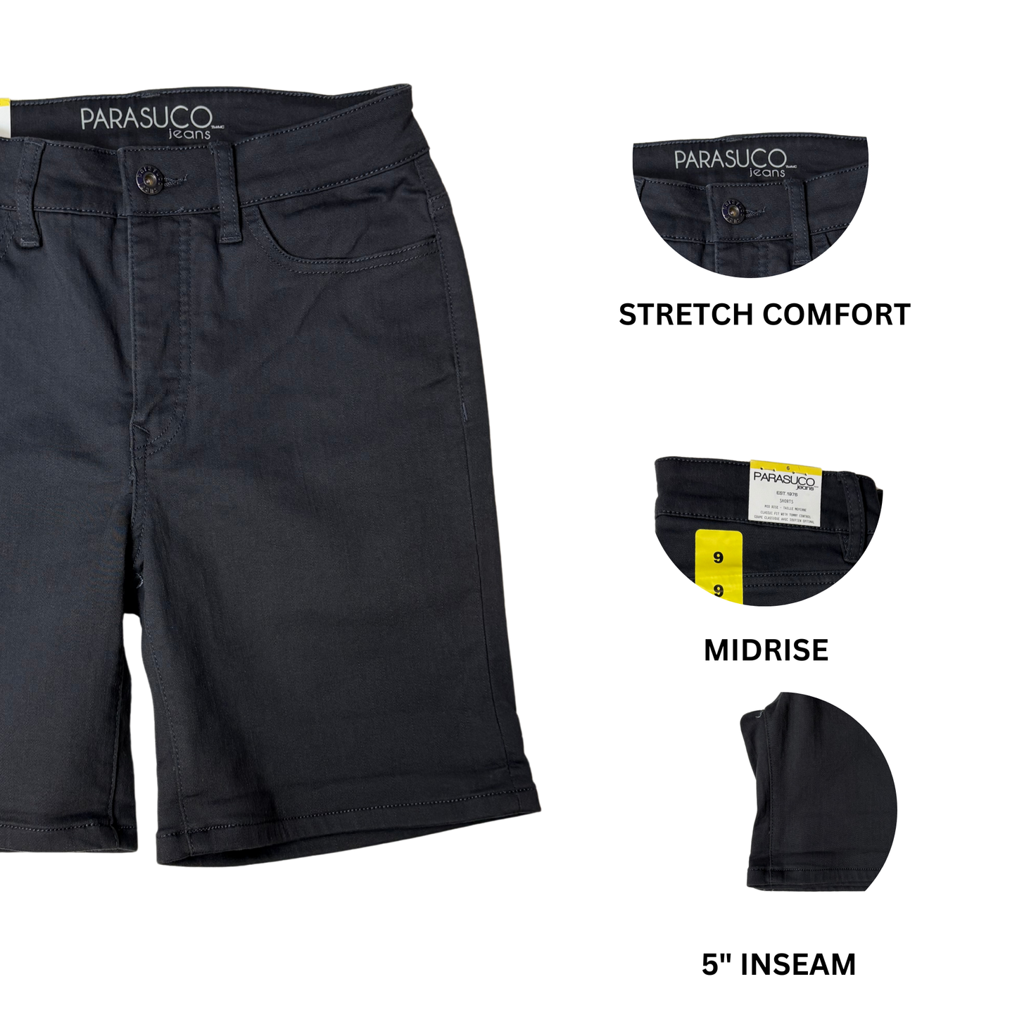 Women’s Dark Grey Jean Shorts – Mid-Rise Classic Fit with Tummy Control – Size 6