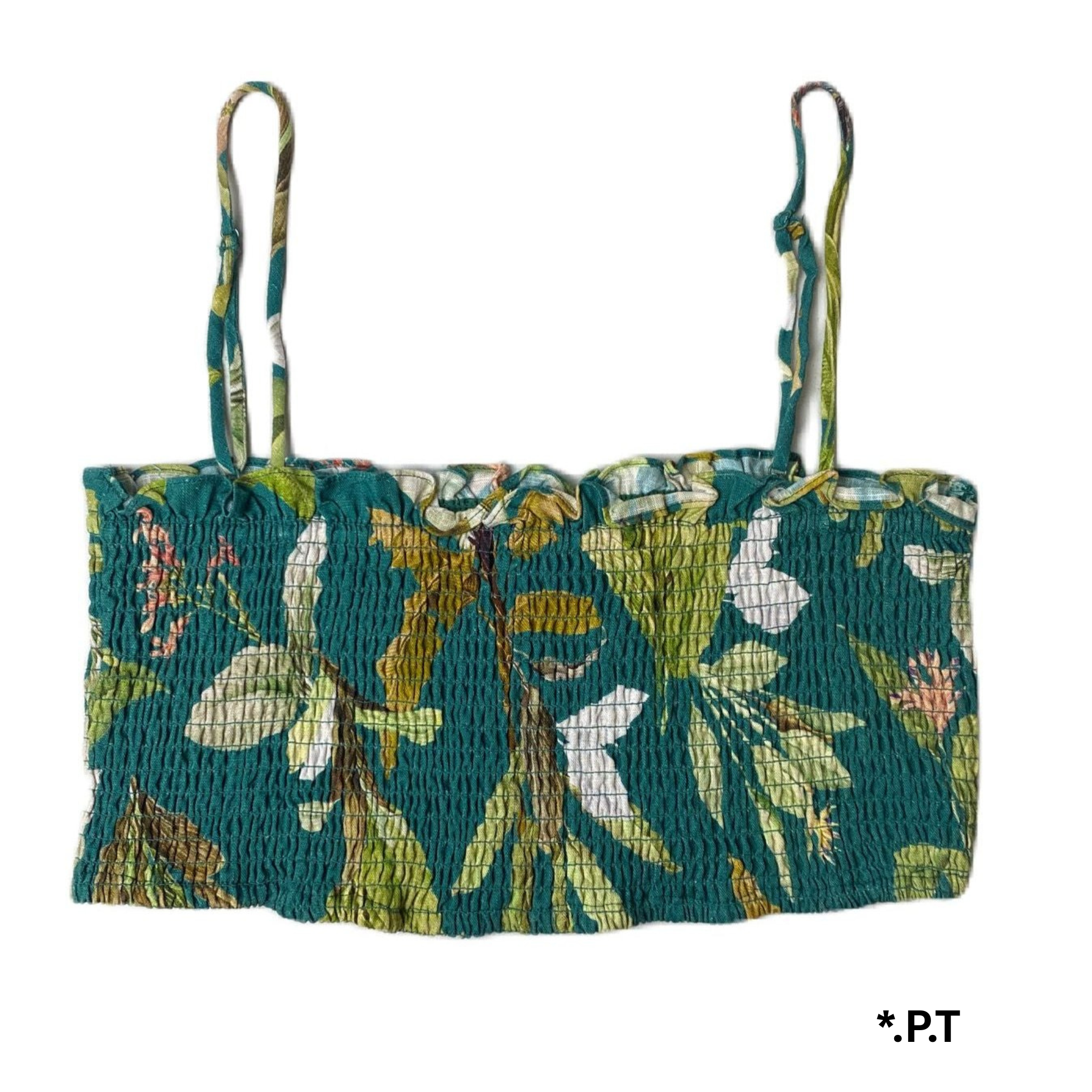 Women's Green Flower Shirred Tube Top W/ Straps - L