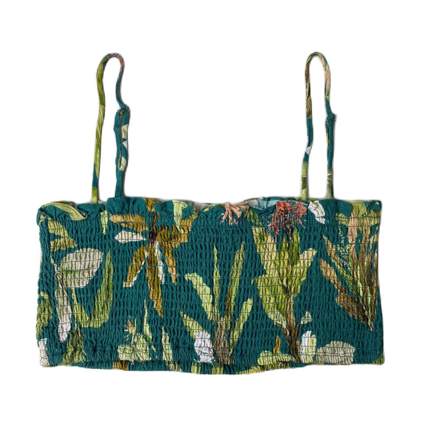 Women's Green Flower Shirred Tube Top W/ Straps - L