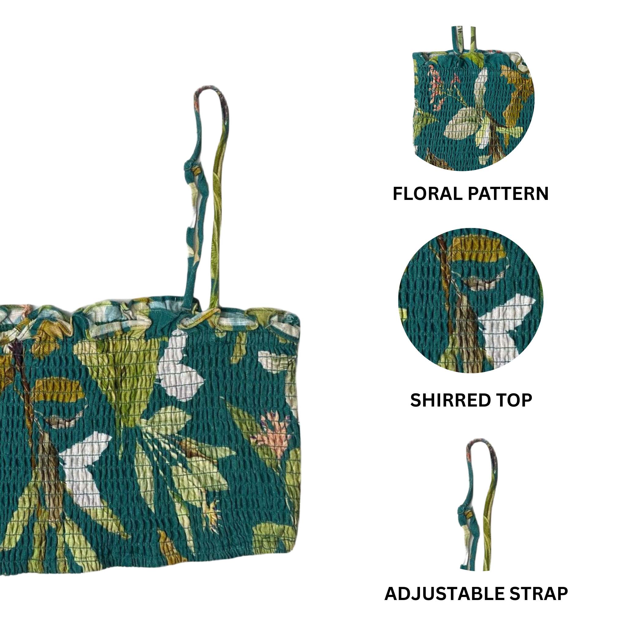 Women's Green Flower Shirred Tube Top W/ Straps - L