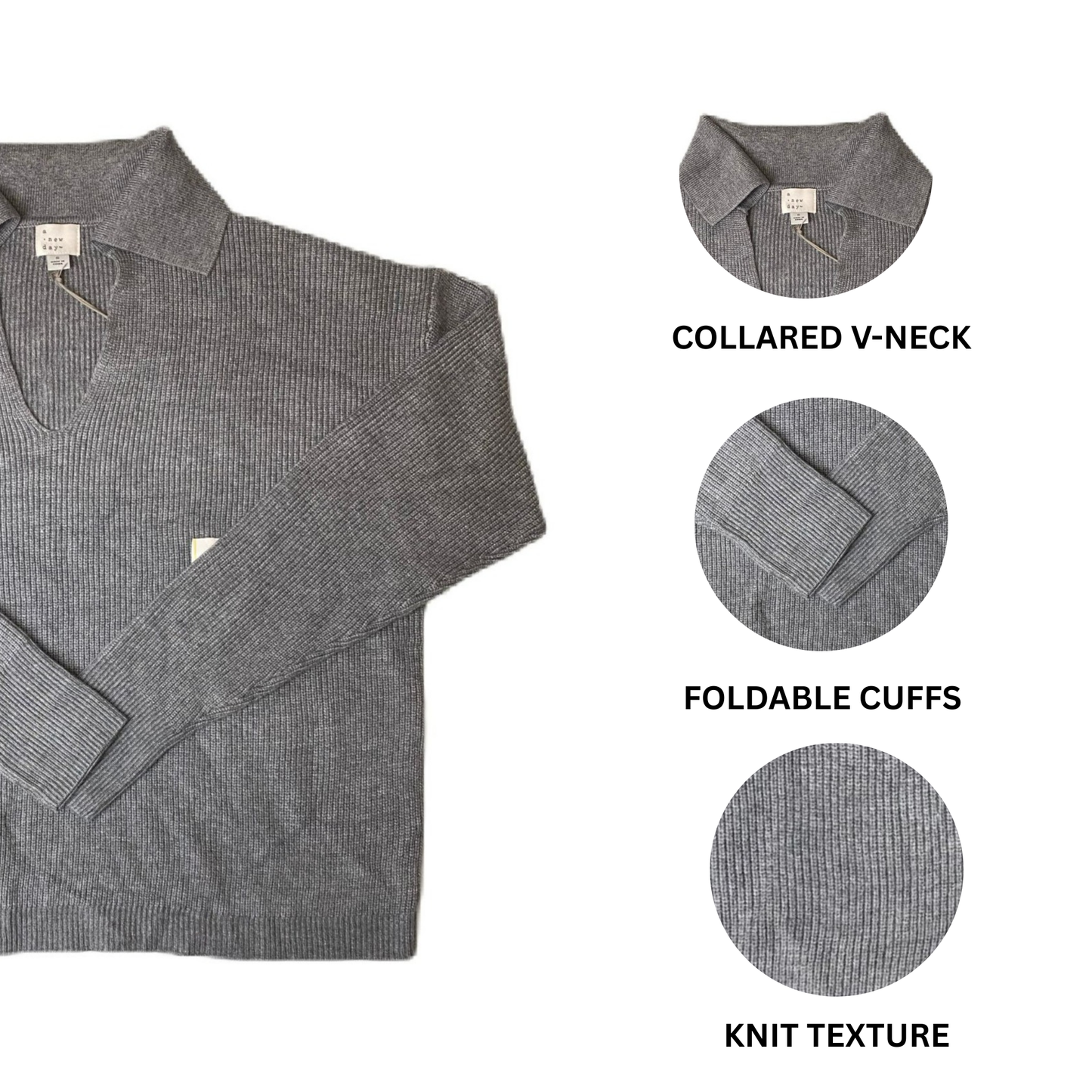 Women's Grey Collared V-Neck Knit Top - S