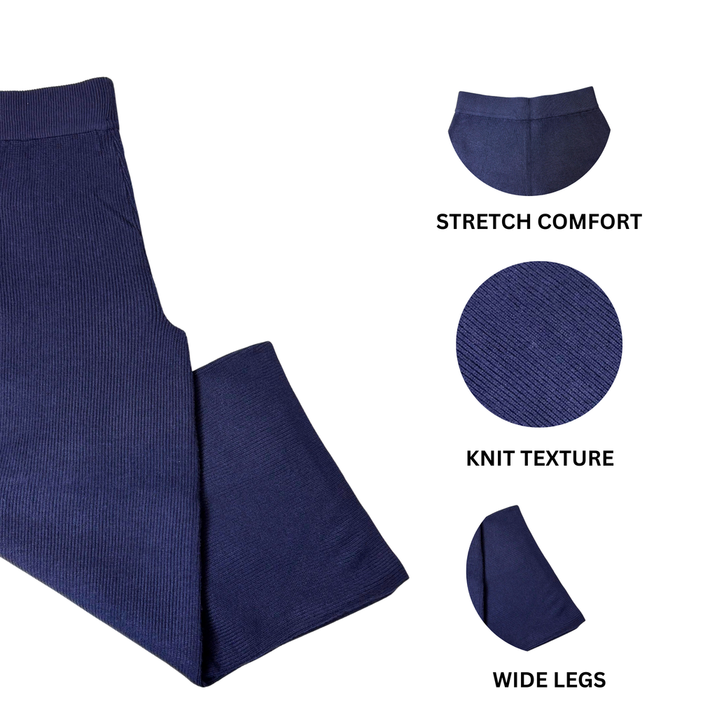 Women's Navy Knitted Wide Leg Pants - S