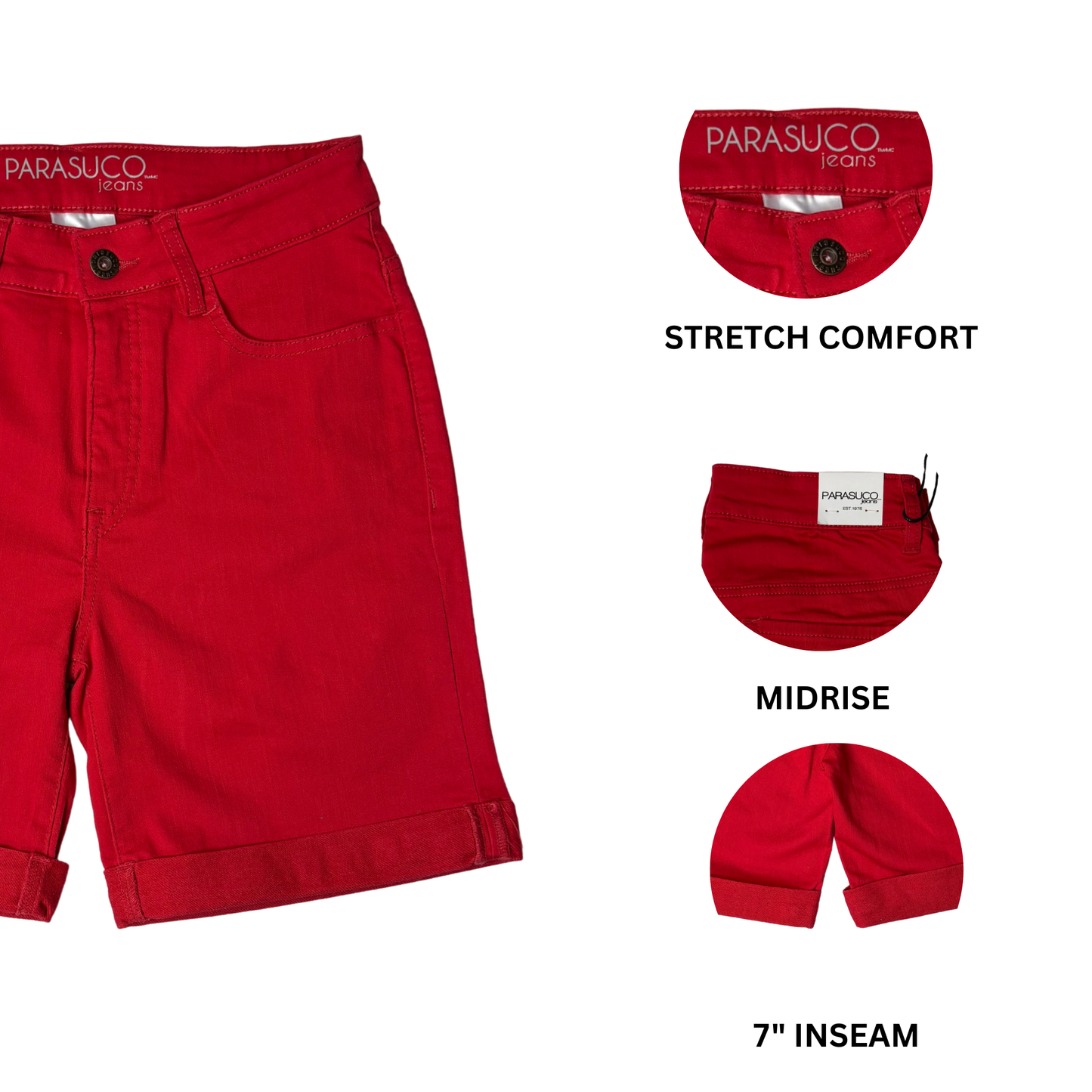 Women’s Red Jean Shorts – Mid-Rise Classic Fit with Tummy Control – Size 8