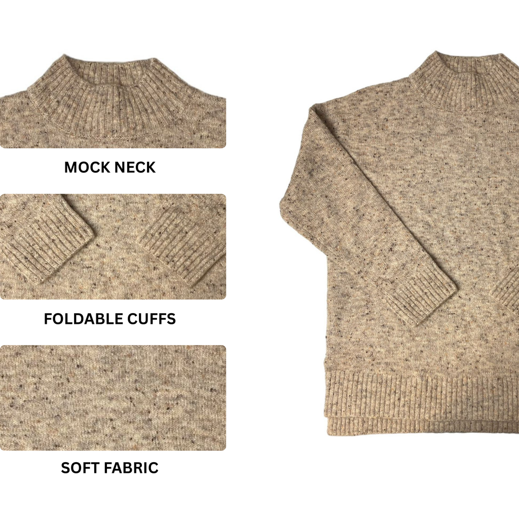 Women's Tan Mock Neck High-Low Nep Yarn Sweater
