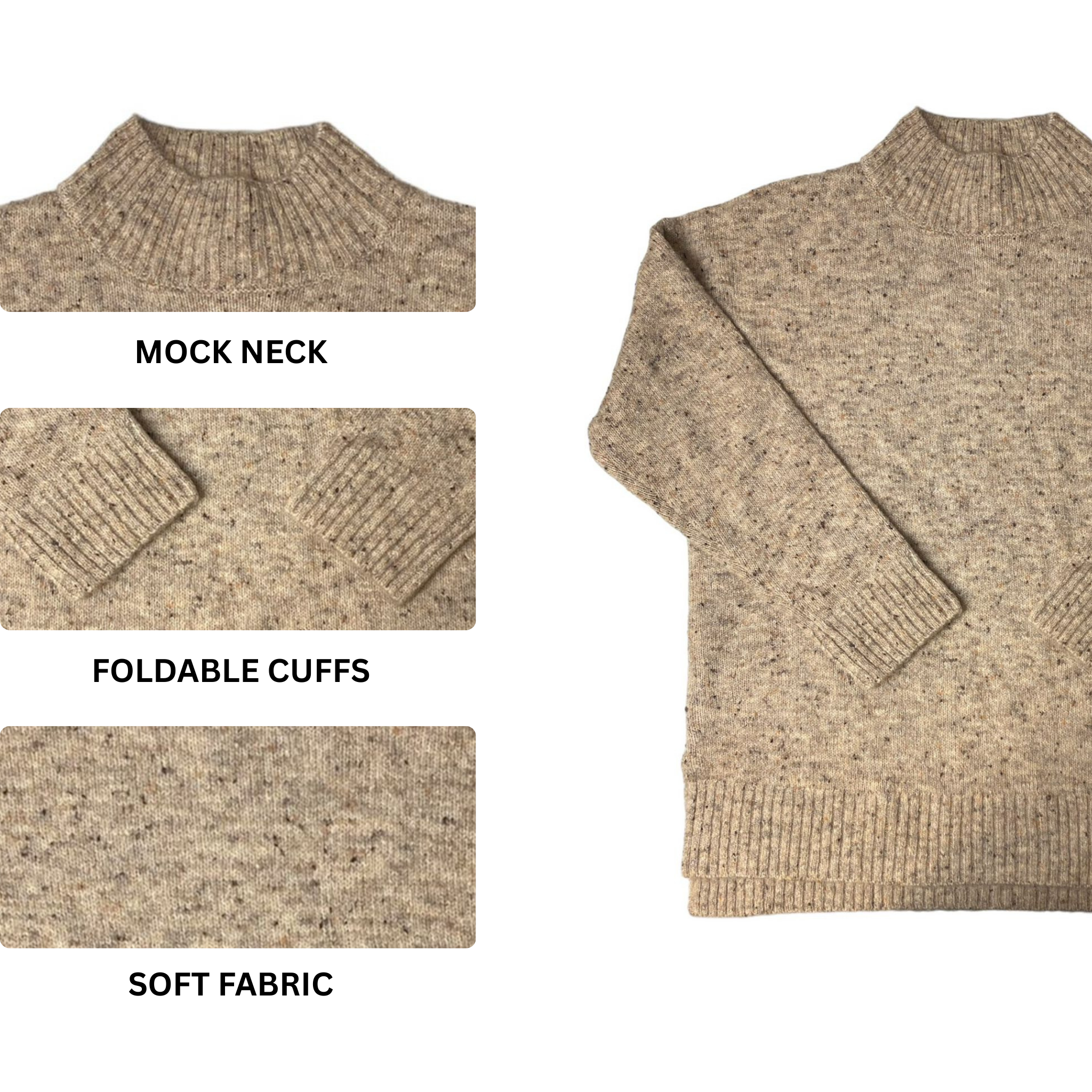 Women's Tan Mock Neck High-Low Nep Yarn Sweater