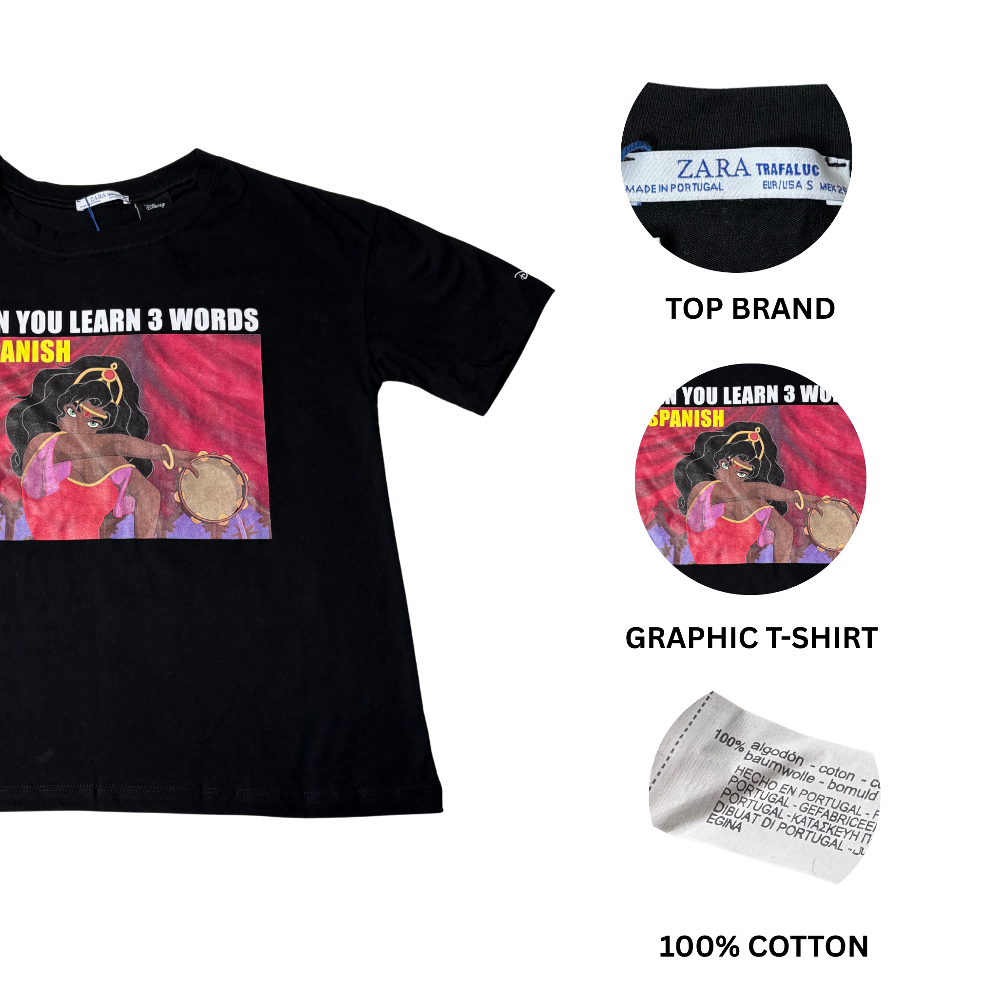 Women’s Black Graphic T-Shirt Short Sleeve 100% Cotton Size S