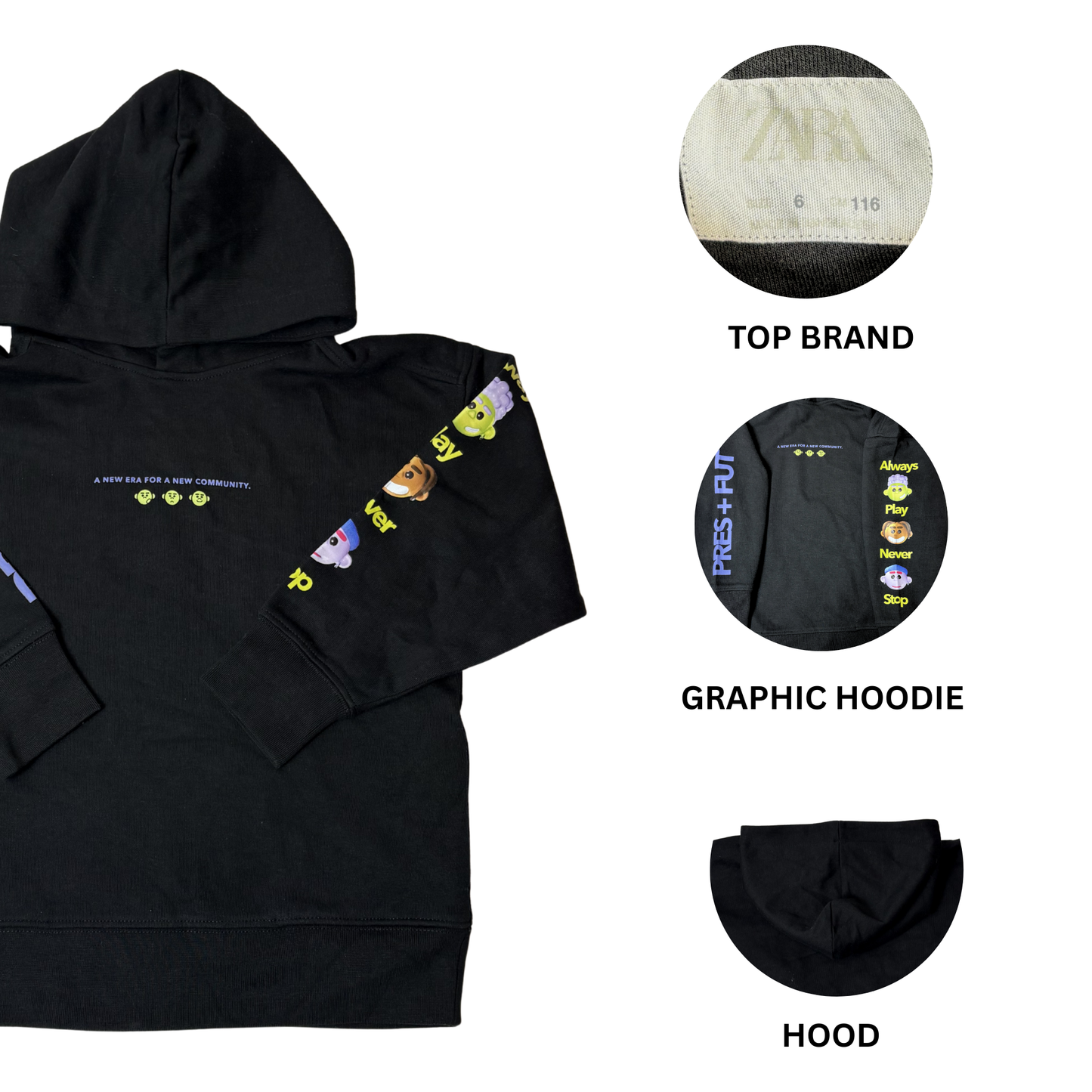 Boys Black Graphic Pullover Hoodie – Size 6