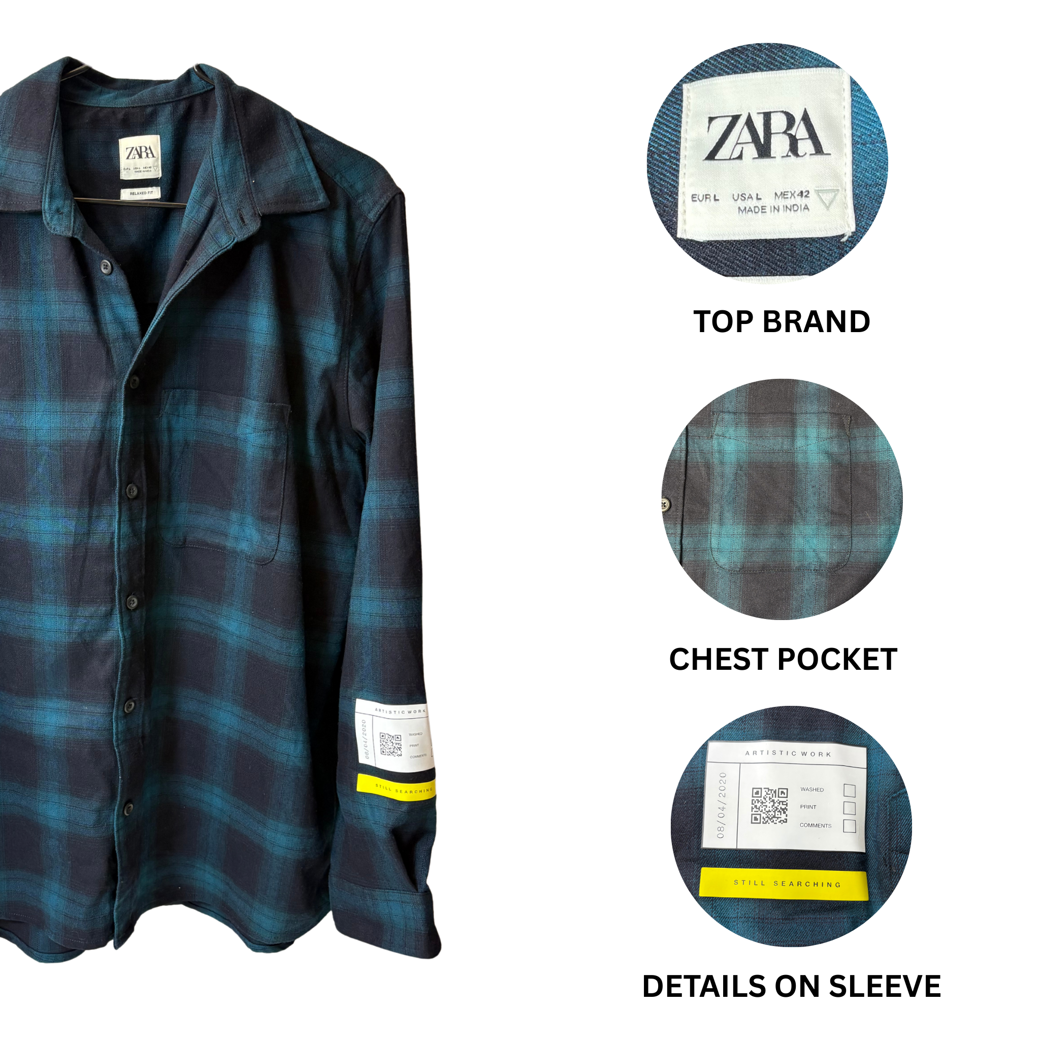 Men’s Green Plaid Shirt – Size L – Polyester Viscose Blend