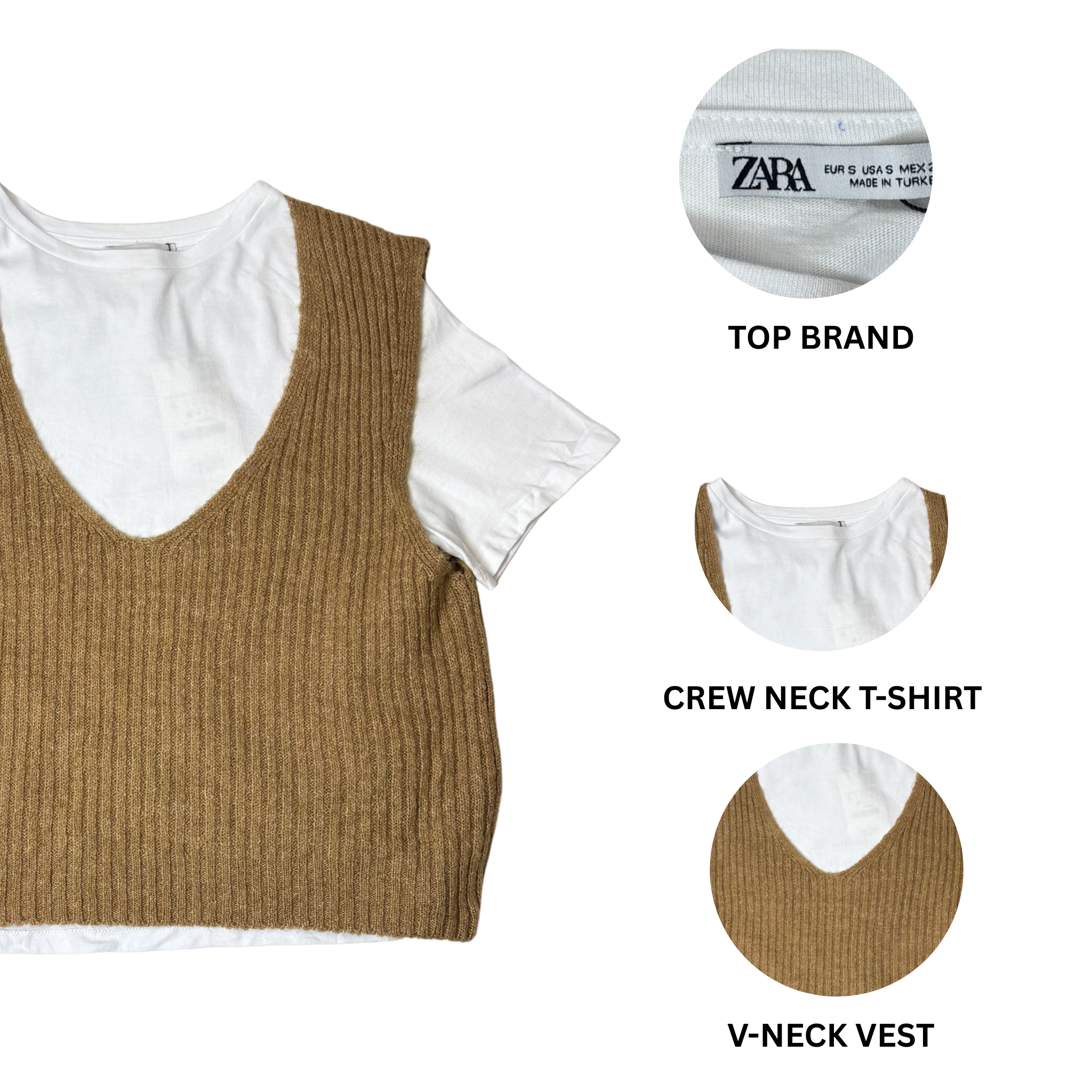 Women’s White Short Sleeve Shirt with Camel Knit Vest – Size S