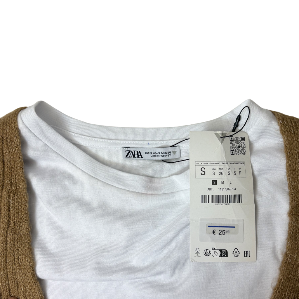 Women’s White Short Sleeve Shirt with Camel Knit Vest – Size S