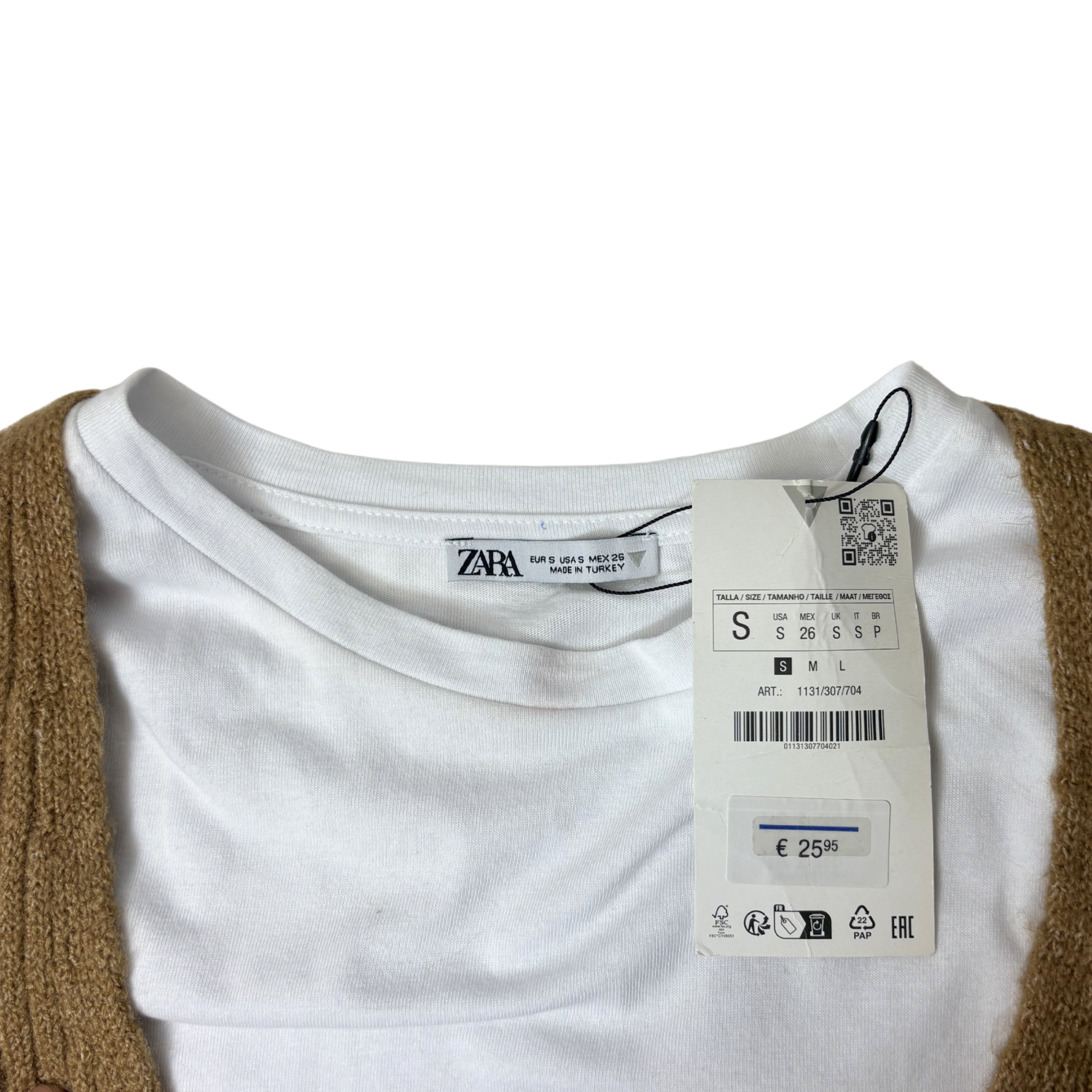 Women’s White Short Sleeve Shirt with Camel Knit Vest – Size S