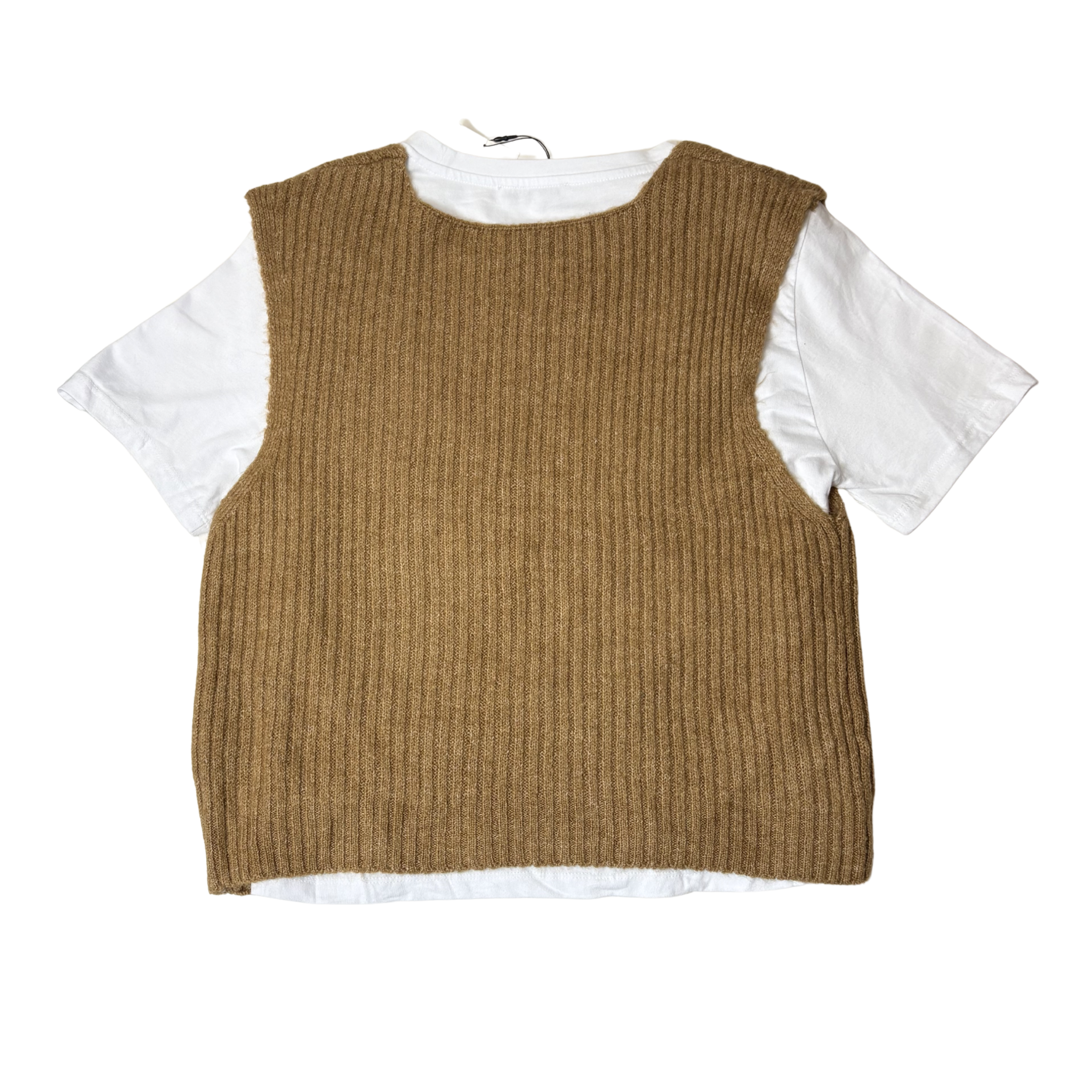 Women’s White Short Sleeve Shirt with Camel Knit Vest – Size S