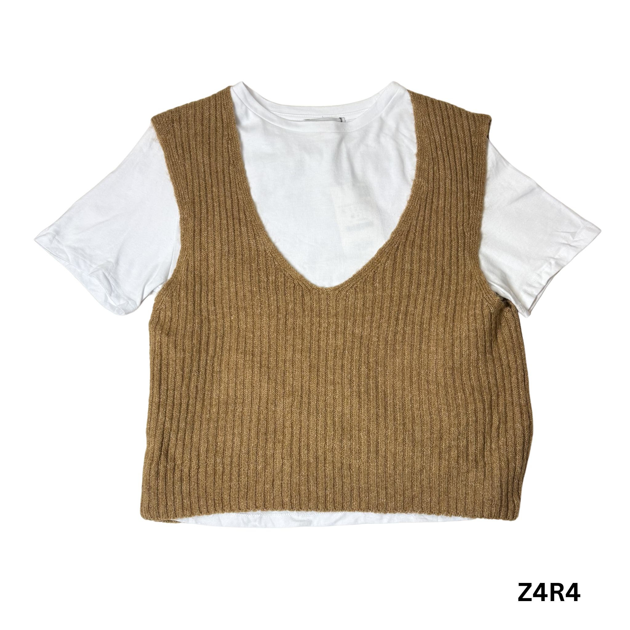 Women’s White Short Sleeve Shirt with Camel Knit Vest – Size S