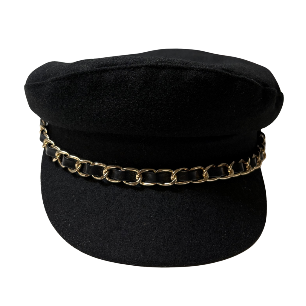 Black Puff Hat with Gold Chain