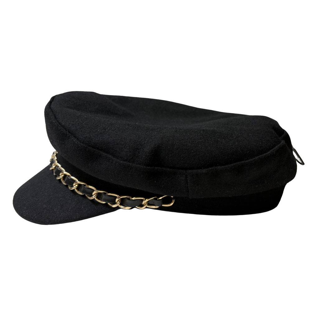 Black Puff Hat with Gold Chain